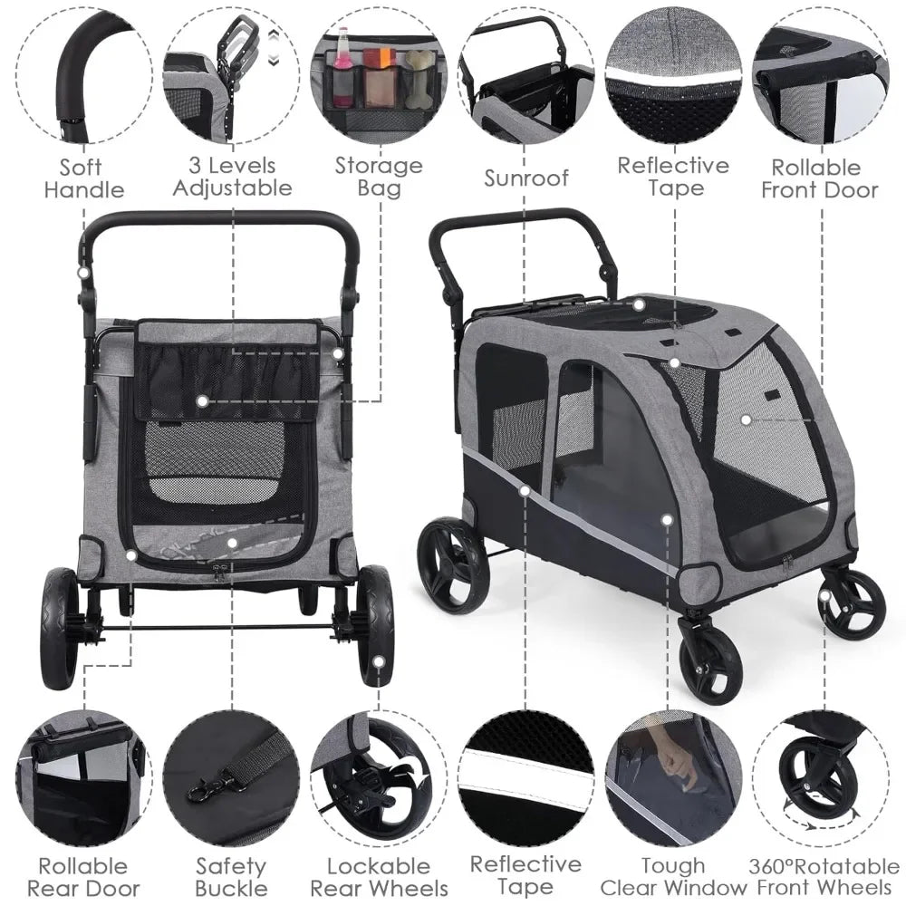 Extra Large Pet Stroller for Medium & Large Dogs - Foldable Design, Adjustable Handle, Up To 160 Lbs