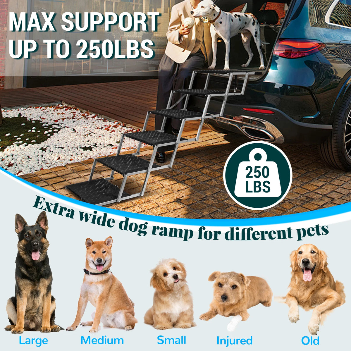 Adjustable Foldable Dog Stairs Set - Stainless Steel Pet Steps for Cars, Trucks & SUVs, Ideal for Medium & Large Breeds