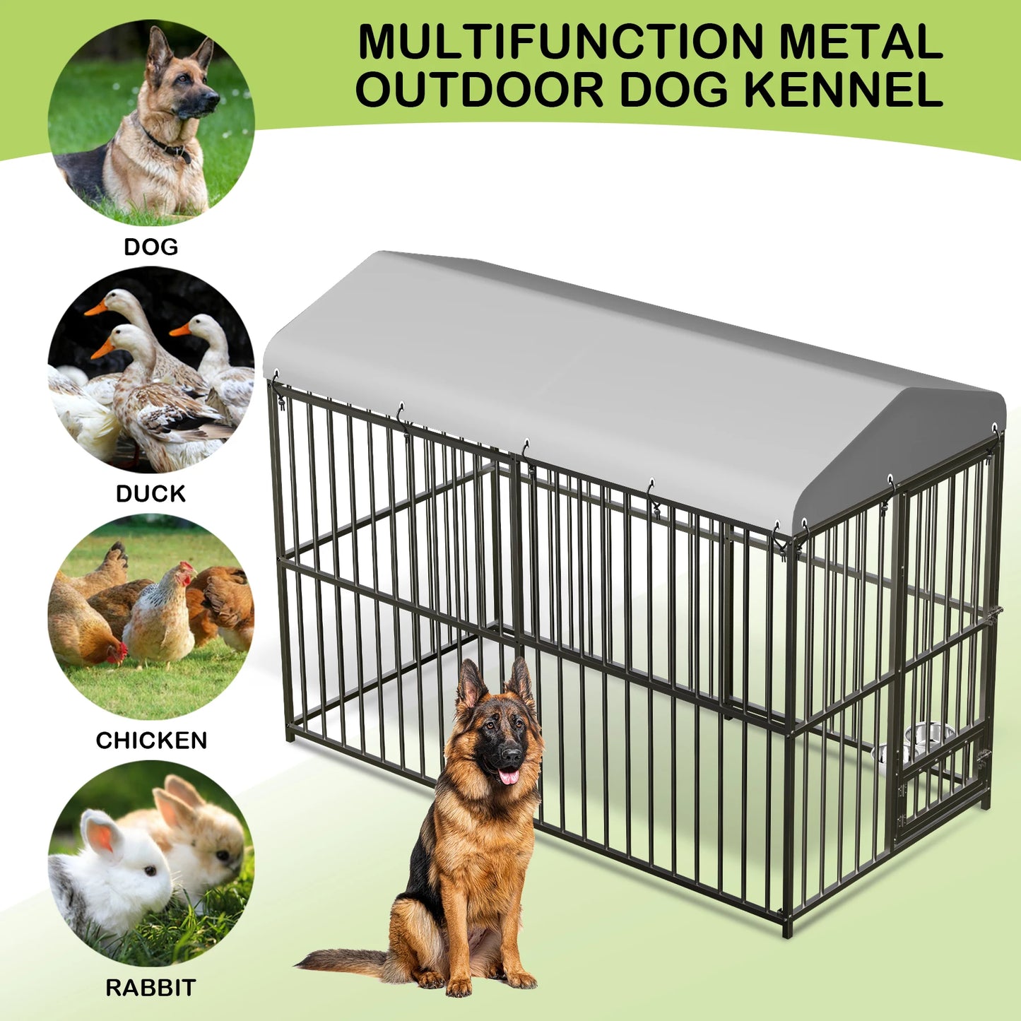 Heavy Duty Outdoor Dog Kennel with Roof,  Large 8x4x6FT Galvanized Metal Dog House with Secure Lock,  UV Water-Resistant Black Cover