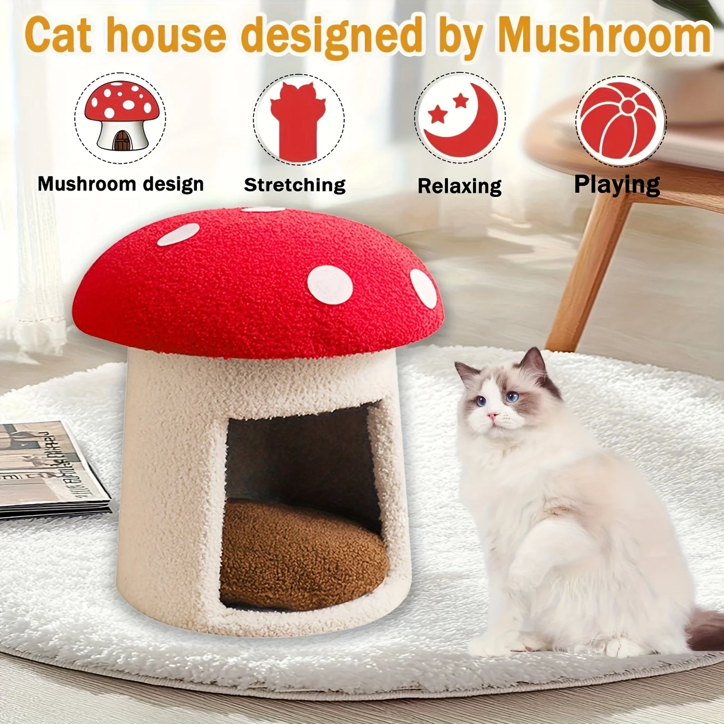 Mushroom Cat Bed, Chocolate Biscuit Cat Bed Suitable for Indoor Cats, Mushroom Cow-Shaped Cat Cave Bed, Cat Tent with Removable and Washable Cushion Pillow, Cat House Bed Suitable for Cats and Small Dogs