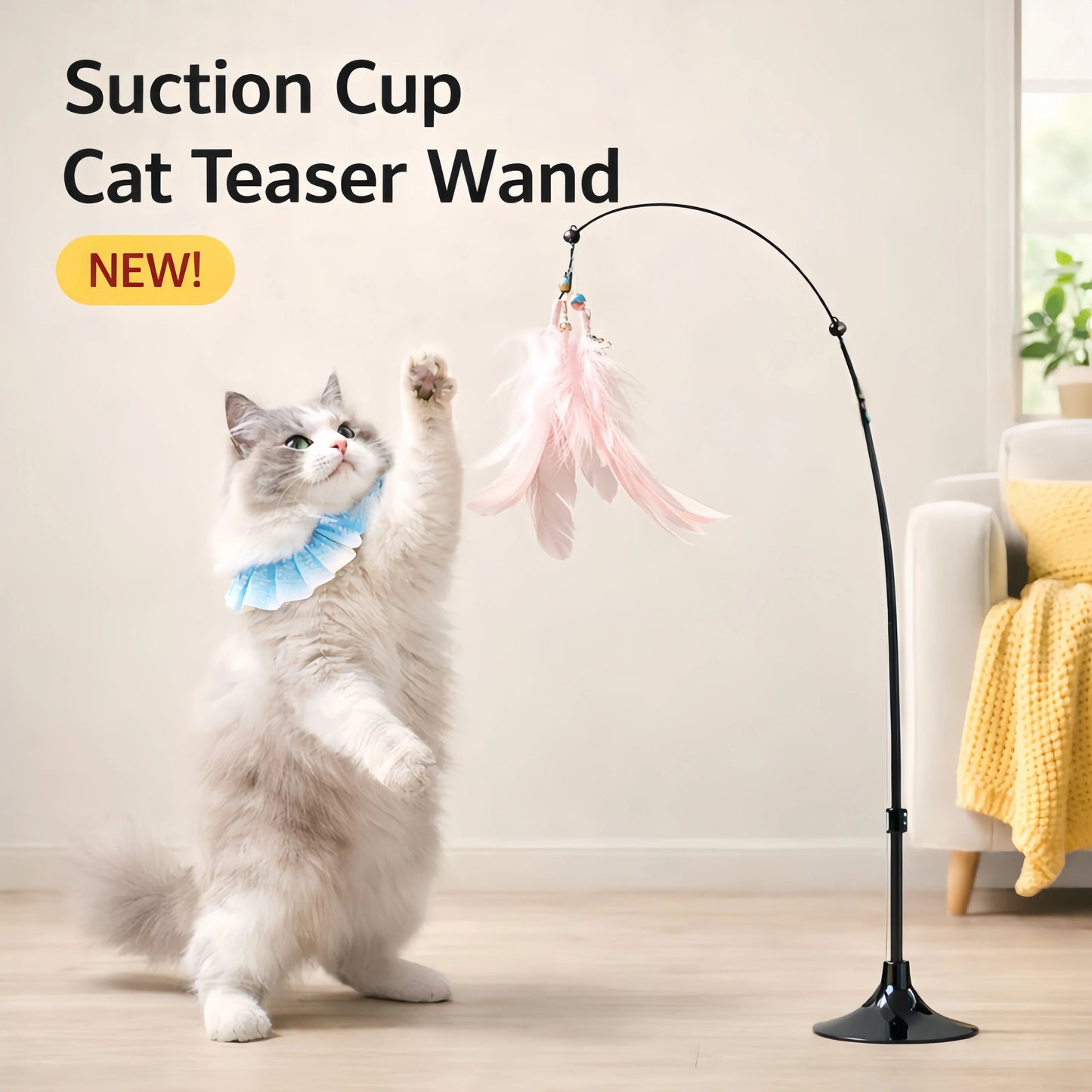 Strong Suction Cup Cat Teaser Toy, Heavy Duty Detachable Long Rod with Bell, Interactive Kitten Toy for Indoor Cats