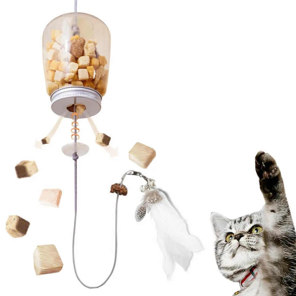 Cat Toy Interactive Food Feather Toys with Bell Hanging Door, Scratch Rope, Pet Food Feeder/Dispenser