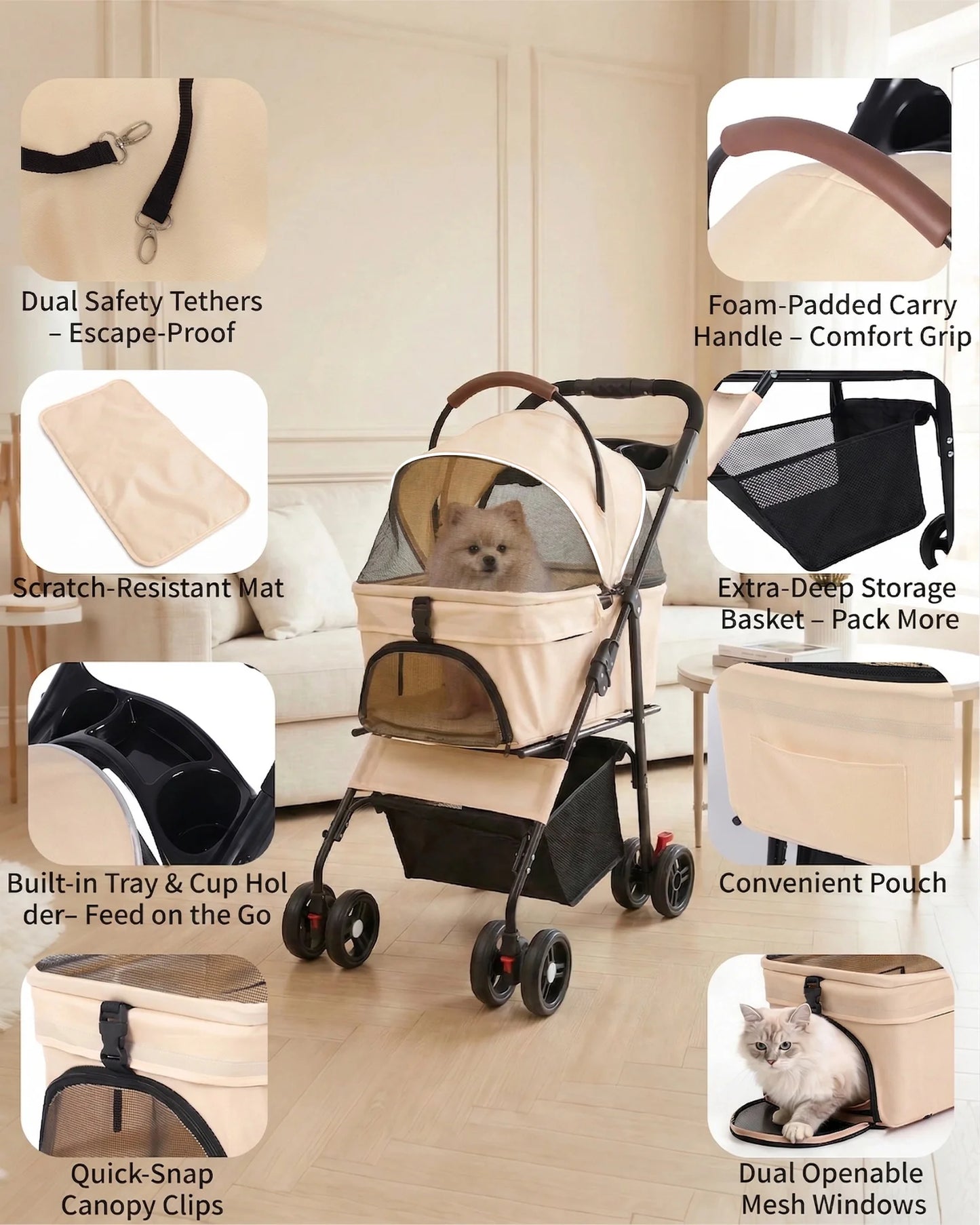2-in-1 Pet Stroller for Small Dogs Cats Foldable Lightweight 4 Wheel Dog Stroller with Removable Carrier Travel Portable Pet Cart