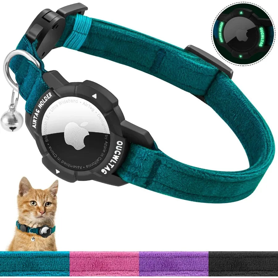Luminous AirTag Cat Collar Breakaway GPS Cat Collar with Apple Air Tag Holder Cat Tracker Collars with Safety Elastic Band for