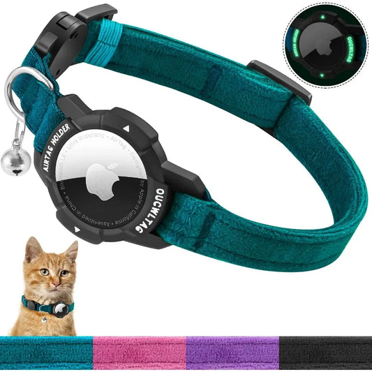 Luminous AirTag Cat Collar Breakaway GPS Cat Collar with Apple Air Tag Holder Cat Tracker Collars with Safety Elastic Band for