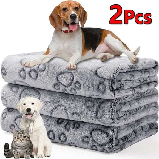 2PCS Soft Fluffy High Quality Dog Blanket Cute Cartoon Pattern Paw Print Large Dog Pet Mat Warm Comfortable Blanket for Dog Cat