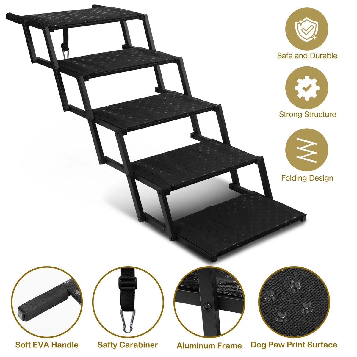 Adjustable Foldable Dog Stairs Set - Stainless Steel Pet Steps for Cars, Trucks & SUVs, Ideal for Medium & Large Breeds