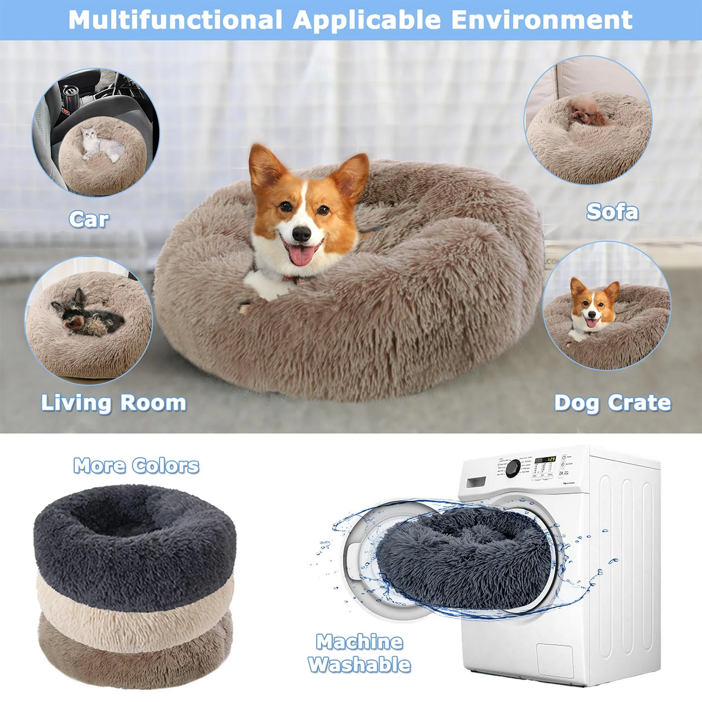 Round Pet Bed for Large Dog Bed, Donut, Long Plush Bed for Medium Dog, Warm Sleeping Sofa