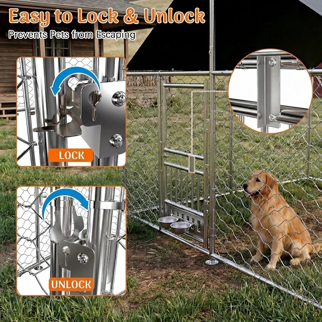 Dual-Opening Door Designed Heavy Duty Large Outdoor Dog Kennel with 200D Waterproof UV-Resistant Roof and 360° Rotate Dog Bowls