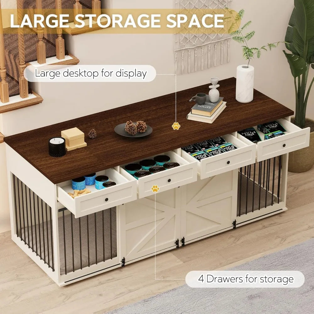 Indoor Wooden Dog Crate with 4 Drawers and Sliding Barn Doors for Small to Large Dogs - Stylish Kennel Furniture