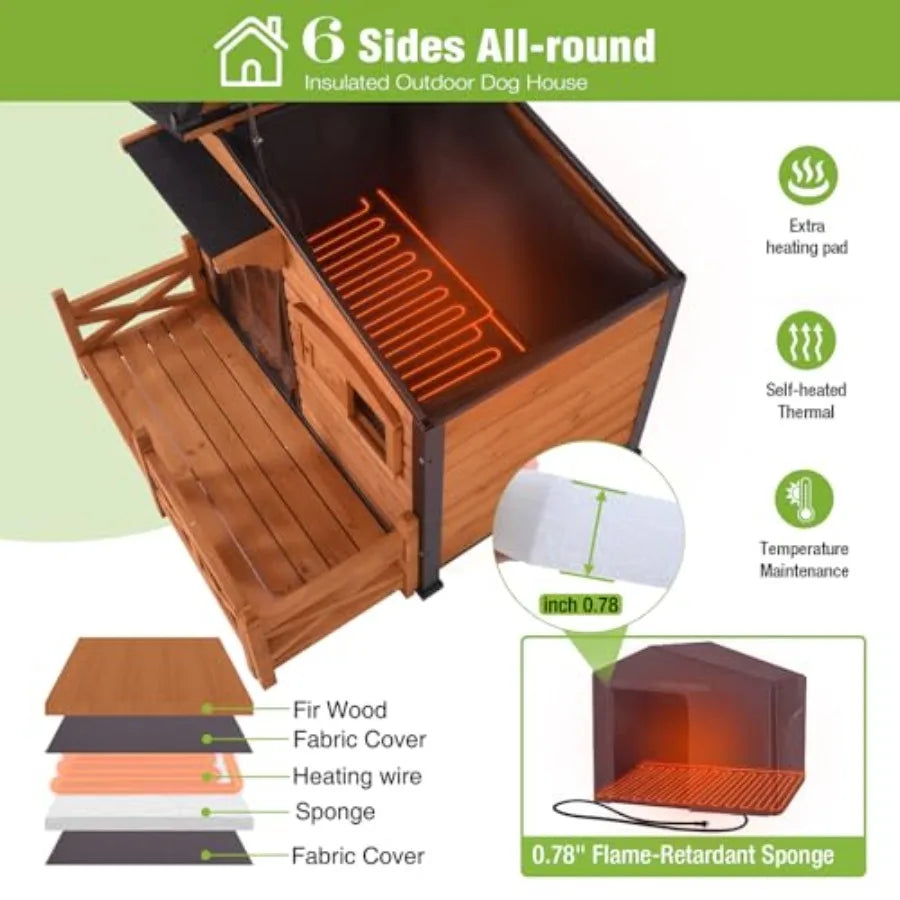 Extra Large Outdoor Heated Dog House, XL Insulated Dog Kennel with Safe Heating Pad, Chew-Proof Metal Frame 6-Sided Thermal Liner