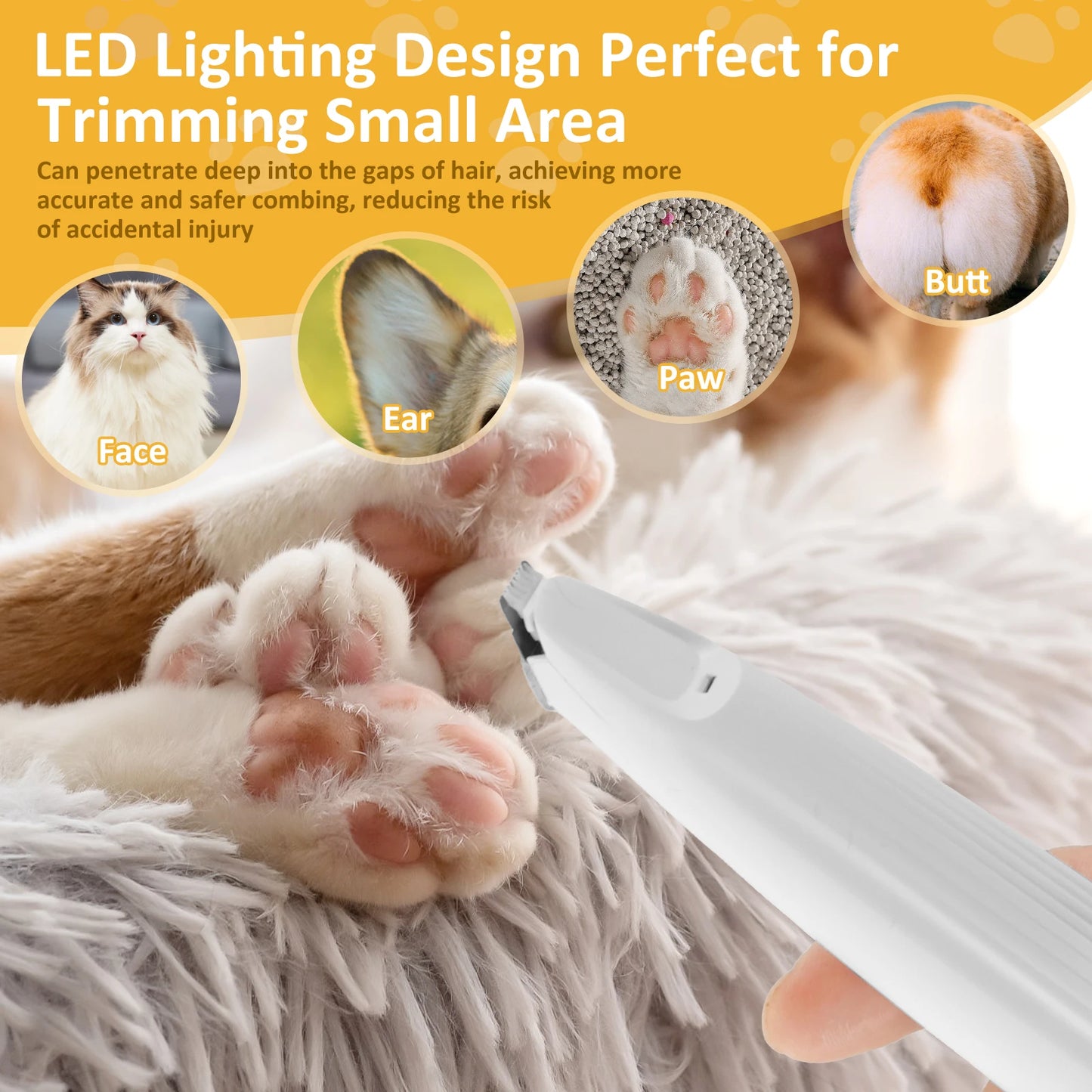Pet Paw Trimmer with LED Light, USB Rechargeable Pet Grooming Clippers, Portable Dog and Cat Hair Clippers Low Noise Grooming Tool