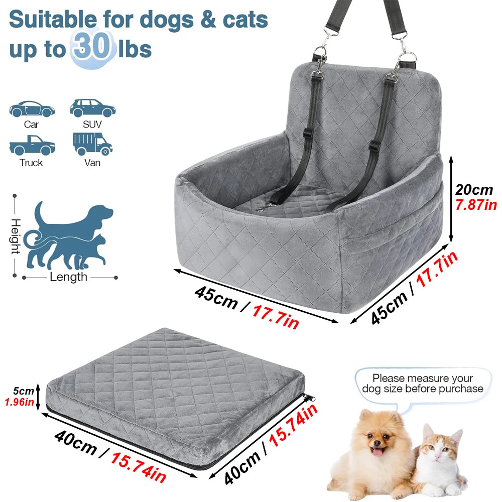 1PC Warm Portable Dog Car Seat for Pet Small & Medium Dogs with Washable Cushion Bed, Safety Belt Storage Pocket for Outdoor Travel