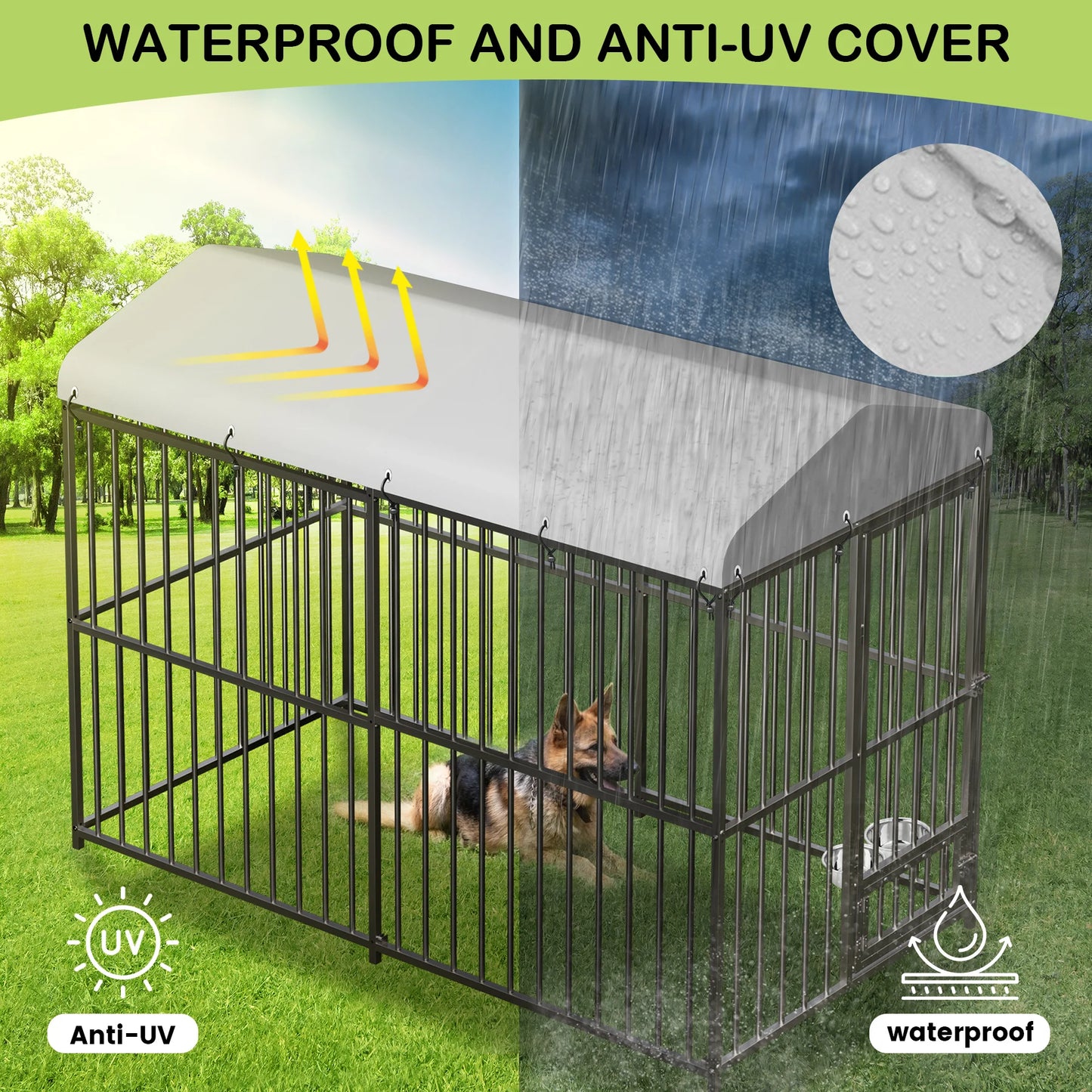 Heavy Duty Outdoor Dog Kennel with Roof,  Large 8x4x6FT Galvanized Metal Dog House with Secure Lock,  UV Water-Resistant Black Cover
