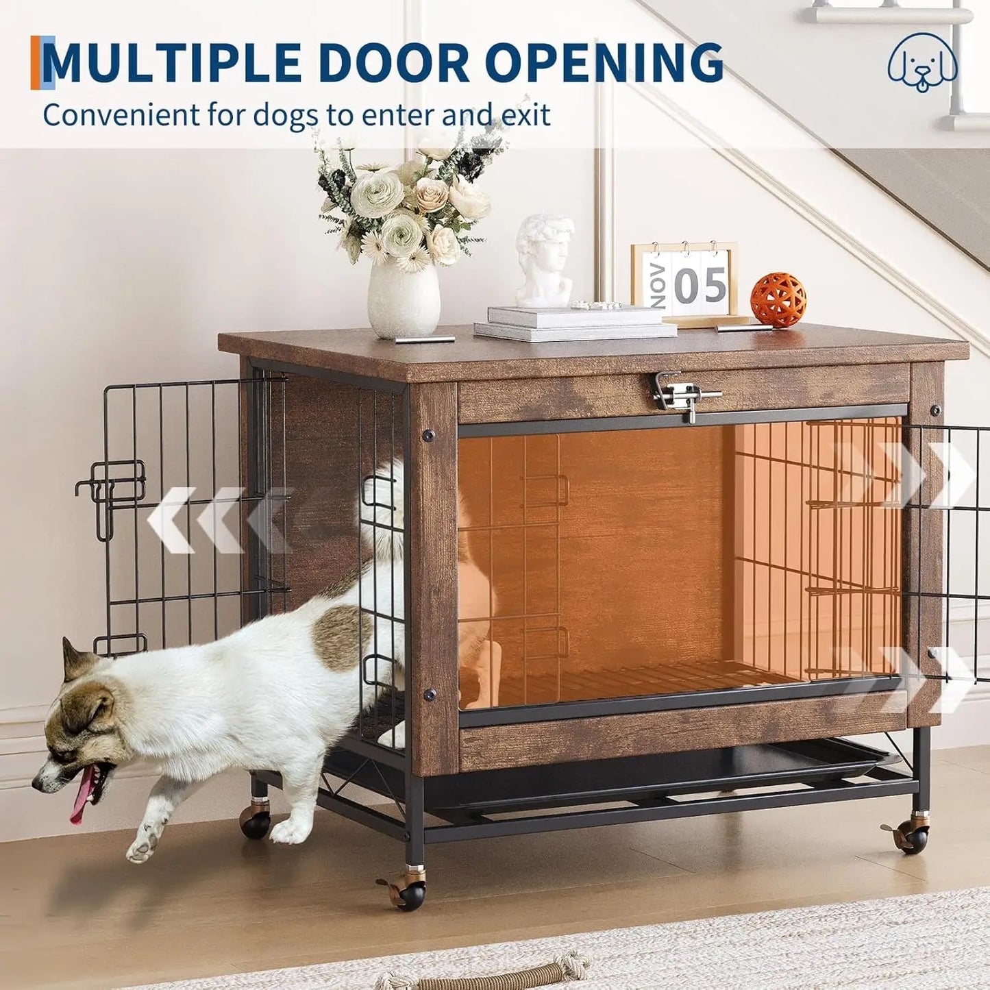 Dog Crate Furniture,  26 Inch Indoor Wooden Kennel Double-Door Pet Cage with Wheels/Removable Tray, Indoor Pet Side Table