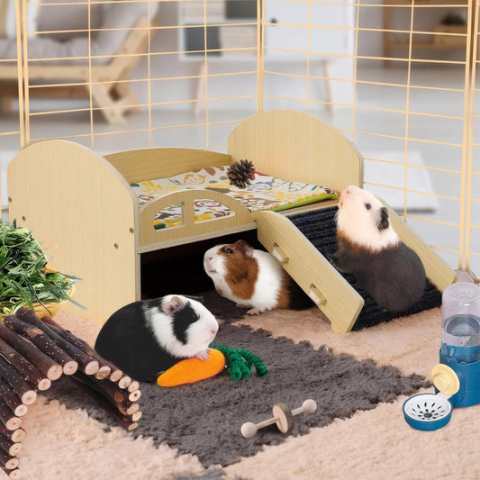 Wooden Small Animal Bed with Stable Stairs & Mat, Guinea Hideout with Washable Multi-Level Guinea Pig Platform