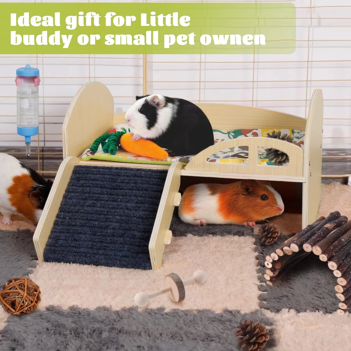 Guinea Pig Bed with Stable Stairs & Mat.  Wood Pet Toy Bed, Washable with Multi-Level Castle for Guinea Pigs, Hamsters, Bunnies & Chinchillas