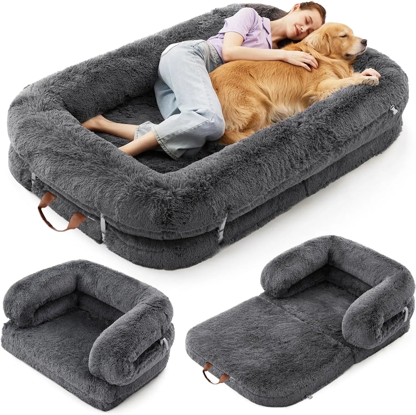 Foldable Human Dog Bed - 3-in-1 Orthopedic Giant Bean Bed with Waterproof Liner, Calming Faux Fur for Adults and Pets