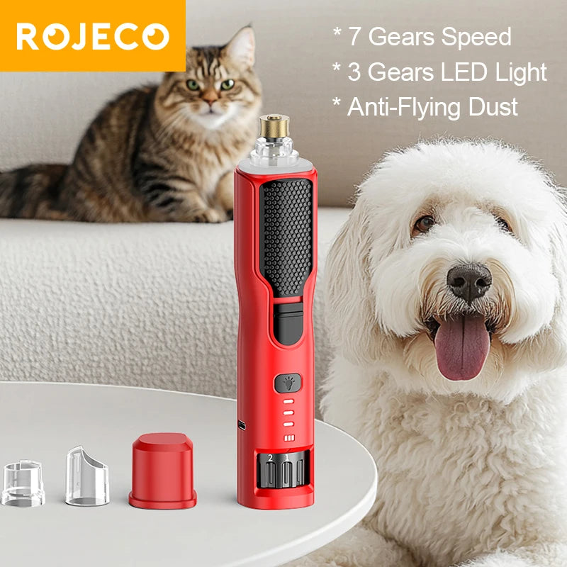 ROJECO Cat and Dog Electric Nail Grinder Rechargeable Paw Grooming Nail Clippers LED Light 7 Speed Adjustable Pet Claw Nail Grinder