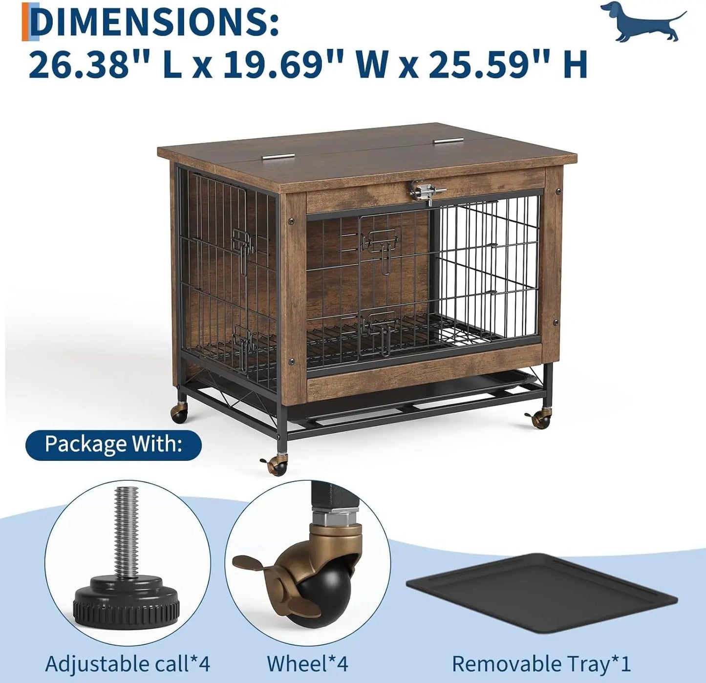 Dog Crate Furniture,  26 Inch Indoor Wooden Kennel Double-Door Pet Cage with Wheels/Removable Tray, Indoor Pet Side Table