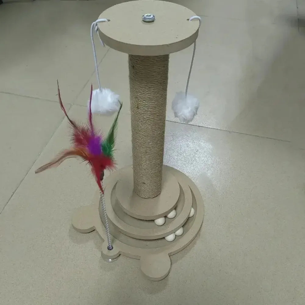 Cat Scratching Post with Teaser Wand, Wear-Resistant Sisal Scratcher Turntable, Pest-Resistant Climbing Frame Toy for Cats