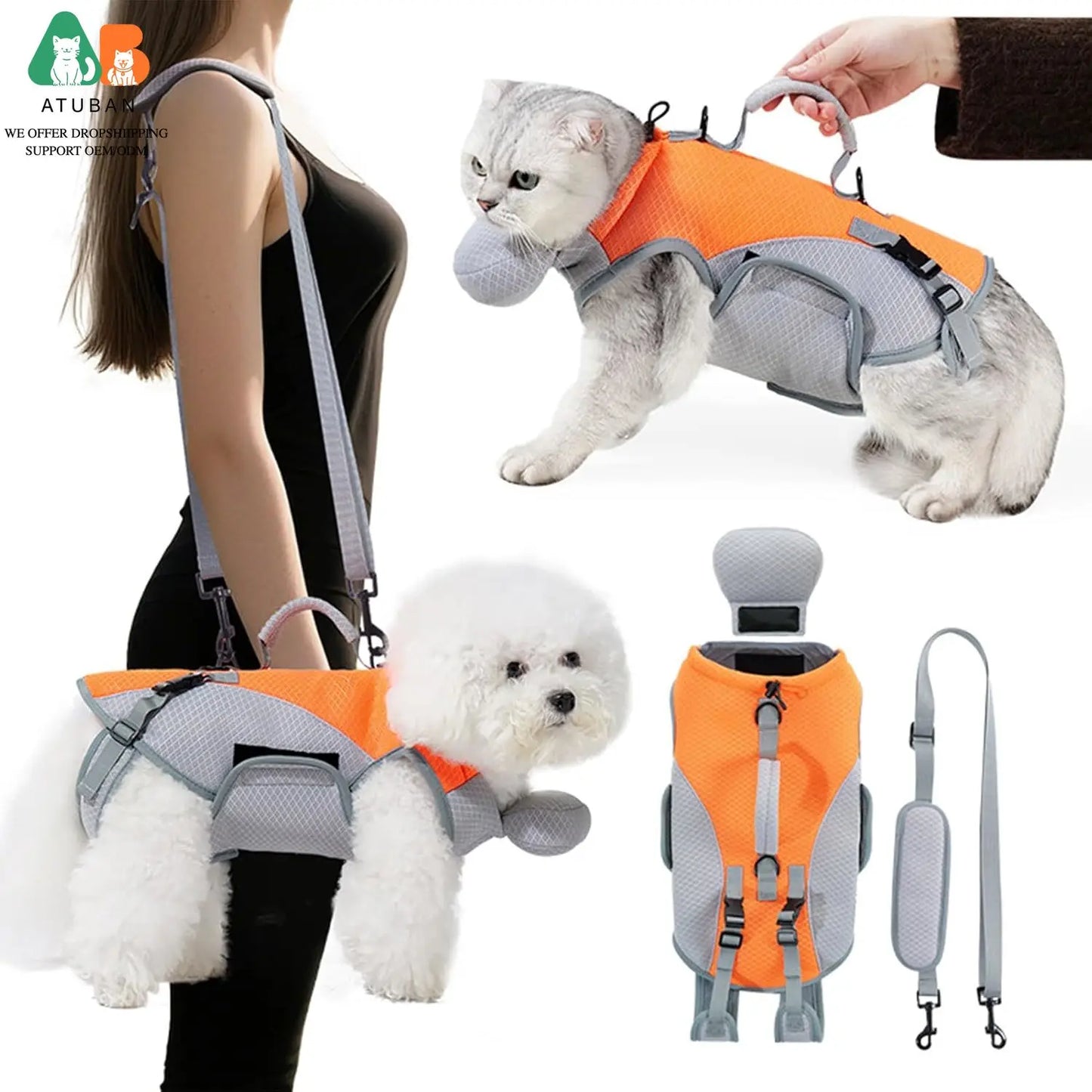 ATUBAN 2 in 1 Cat Shoulder Carrier, Outdoor Small Dog Carrier, Harness and Leash. Sling Carrier Bag for Cats, Breathable Pet Travel Carrier