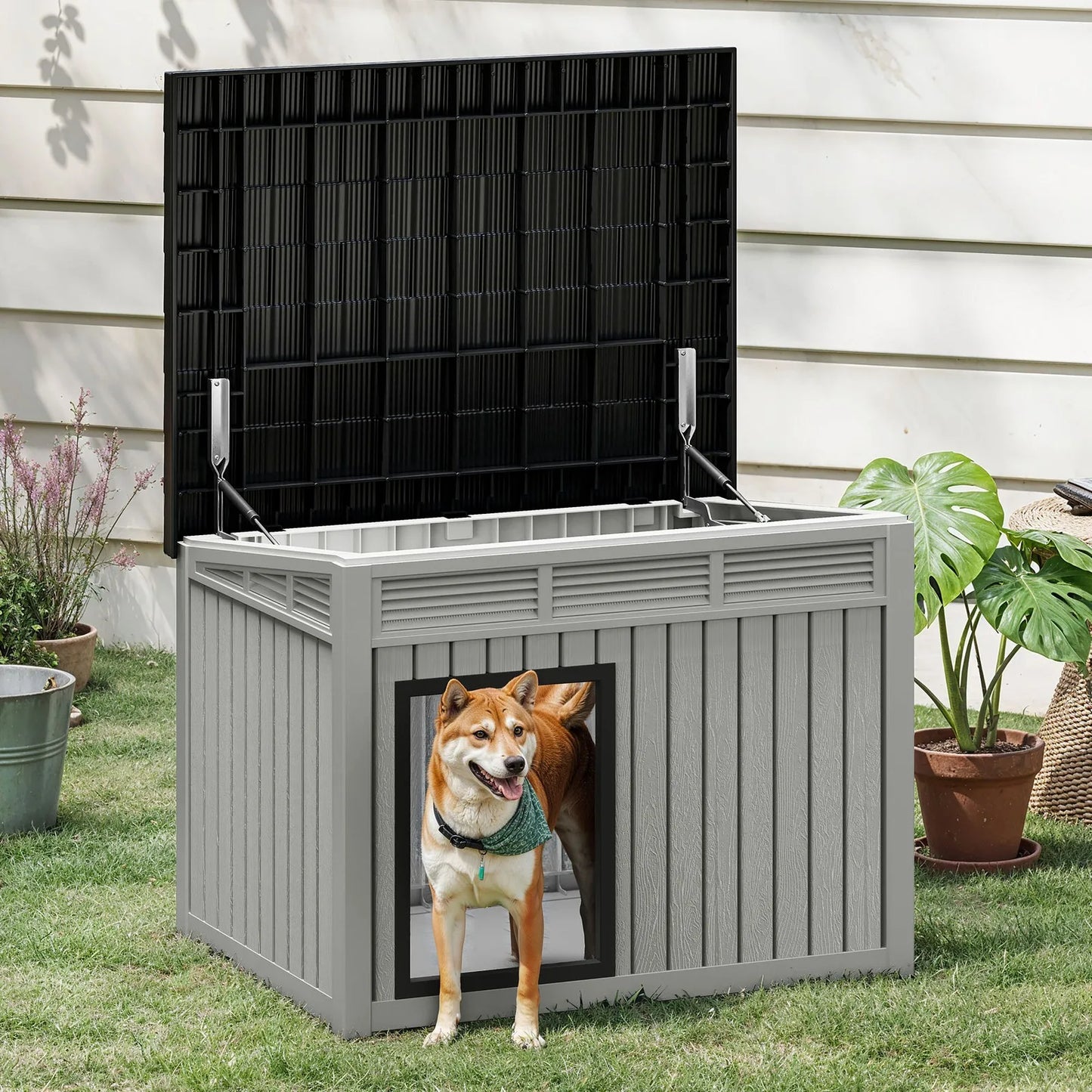 Gray Plastic Dog House with Liftable Roof, Outdoor Indoor Dog Kennel w/ Air Vents