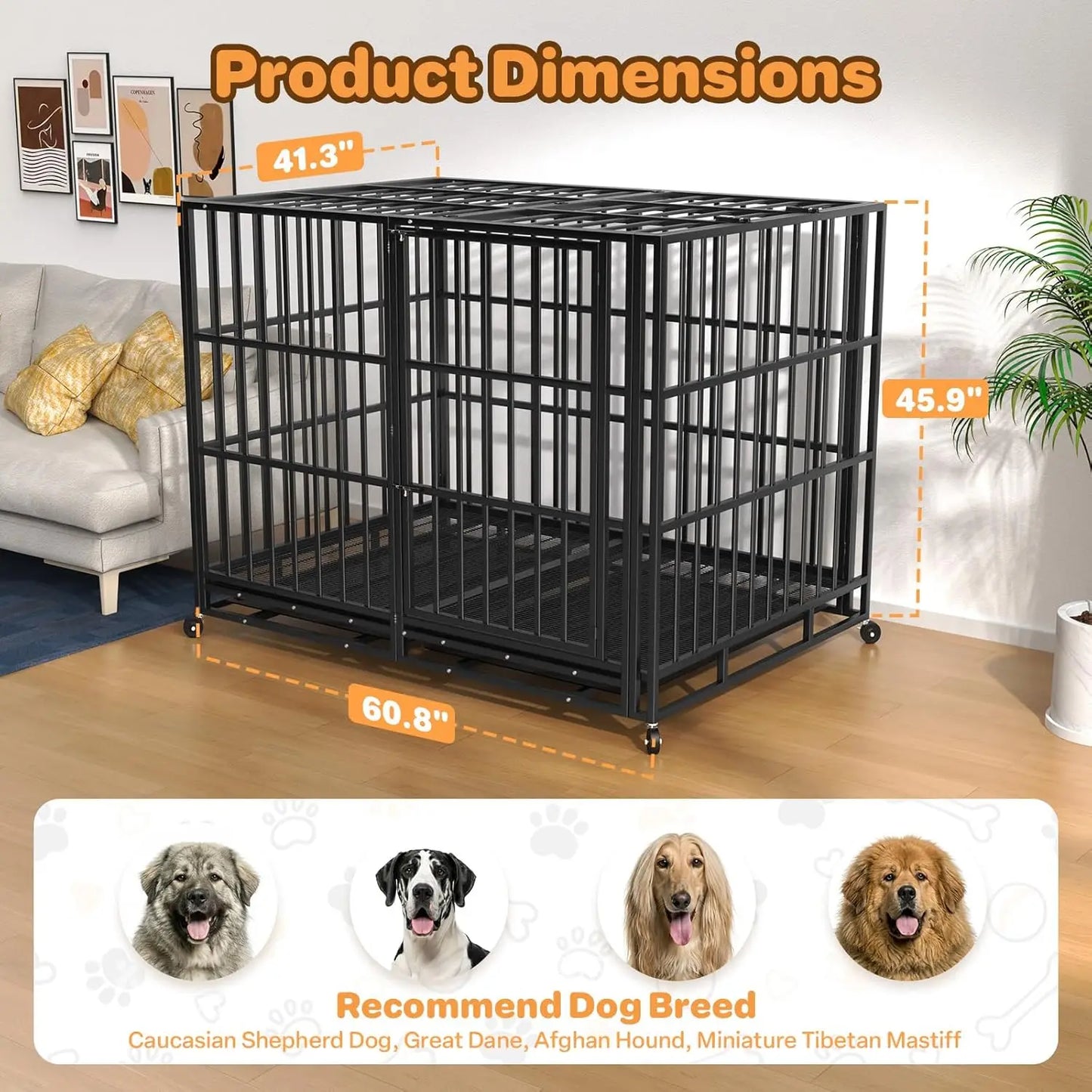 60 Inch Heavy Duty Dog Crate, Indestructible Escape-Proof Dog Kennel for High Anxiety Large Dogs, Strong Carbon, Customized