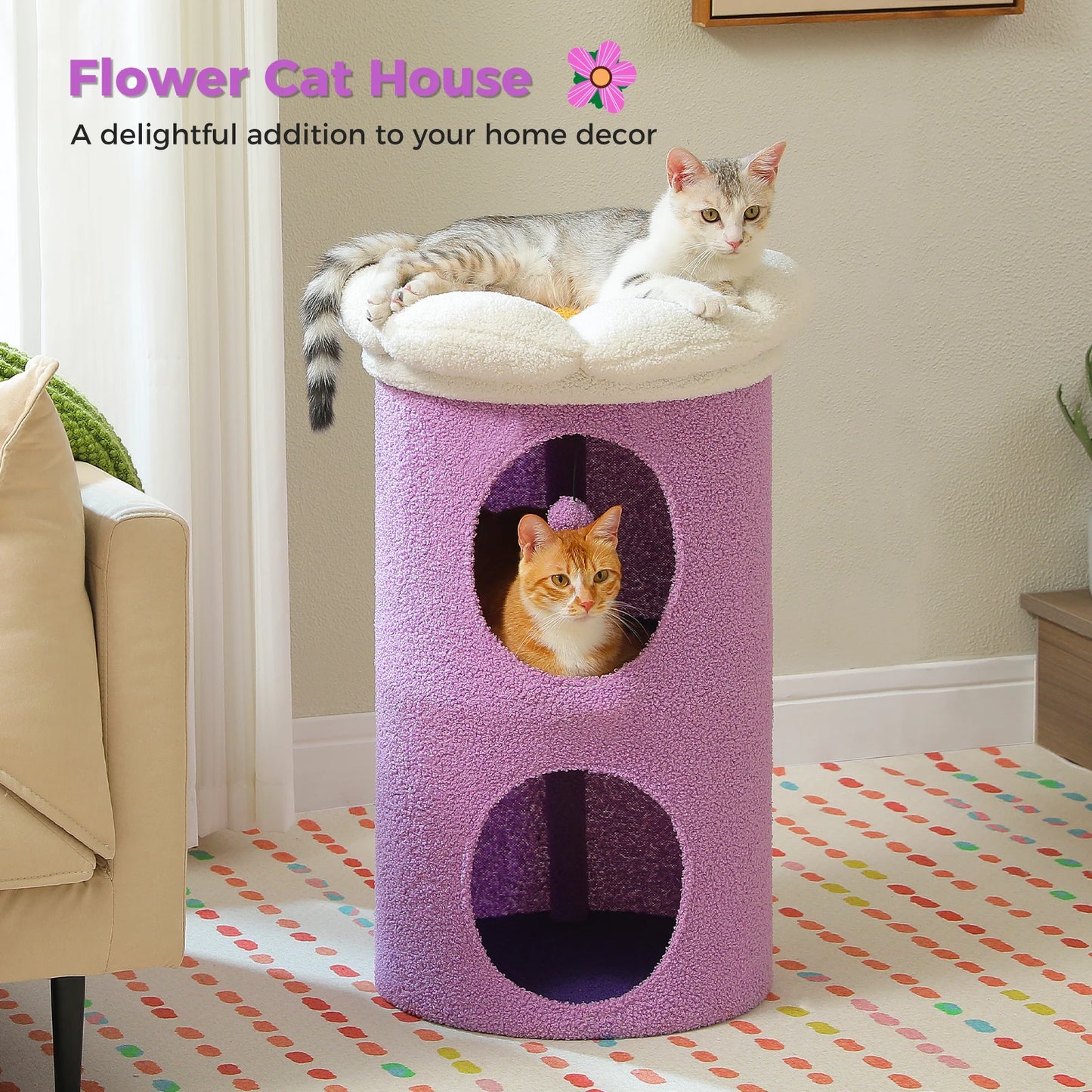 2-Storey Cat Beds for Indoor Cats, Large Cat House with Removable Flower Cat Bed, Cute Cat Cave, Cat Hideaway & Indoor Cat  Condo