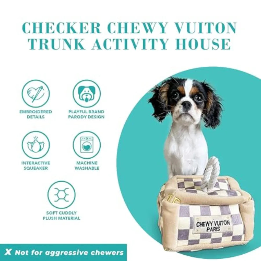Checker Chewy Vuiton Trunk Activity House.  Plush Designer Dog Toy with Interactive Squeaker.  Stimulating Pet Enrichment Machine-