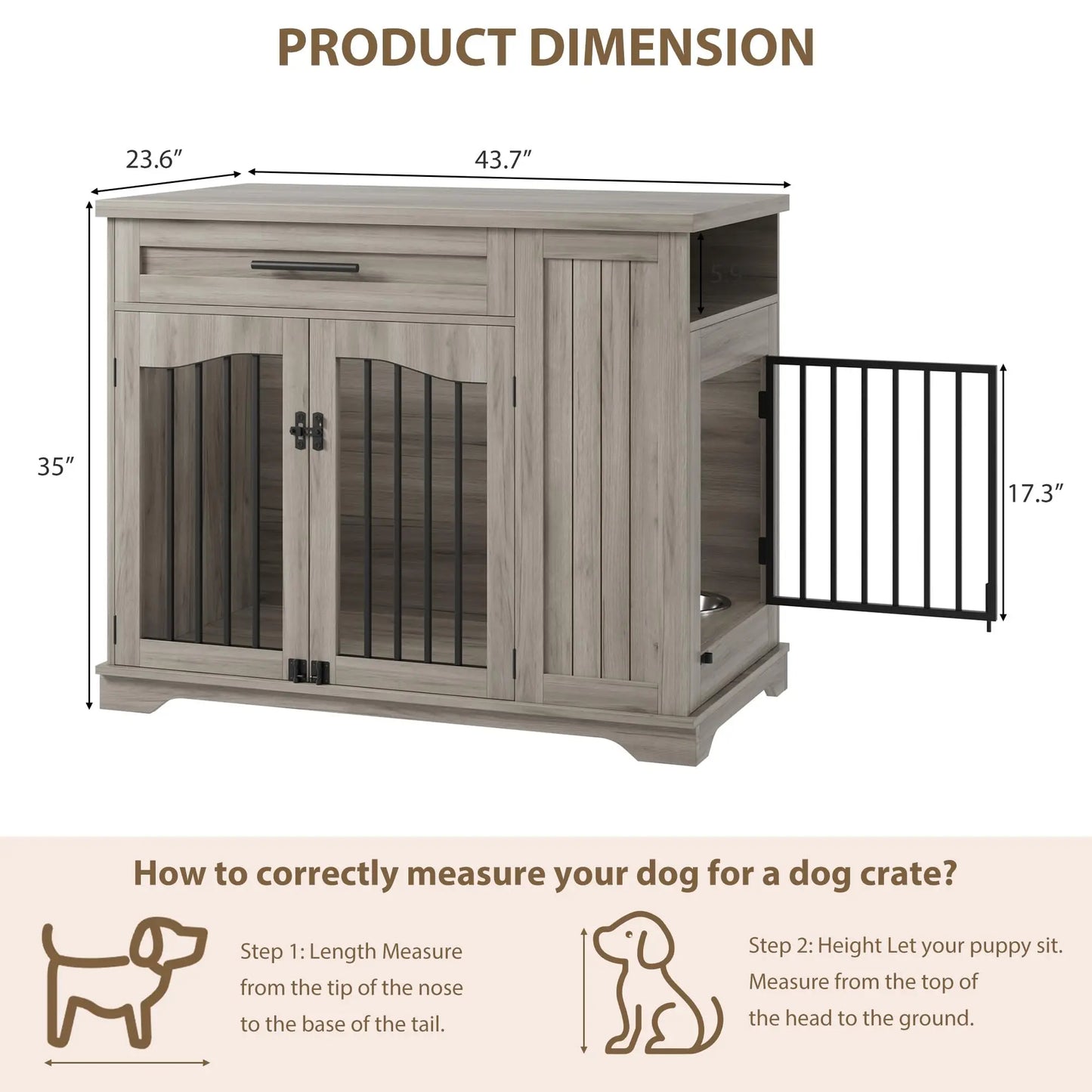 44 Inch Furniture Style Dog Crate, Heavy Duty Wooden Dog Kennel With Drawer Side Storage & Built-in Feeding Station For Pets