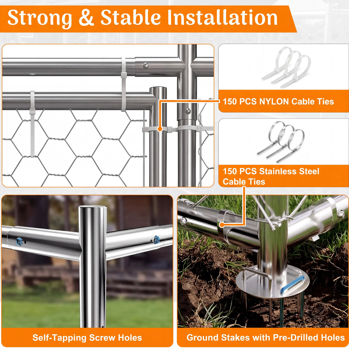 Dual-Opening Door Designed Heavy Duty Large Outdoor Dog Kennel with 200D Waterproof UV-Resistant Roof and 360° Rotate Dog Bowls