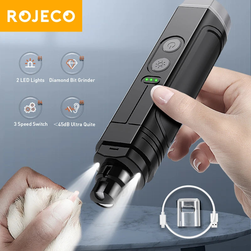 ROJECO P3 Electric Pet Nail Grinder. Professional Dog Nail Clippers + 2 LED Light Rechargeable.