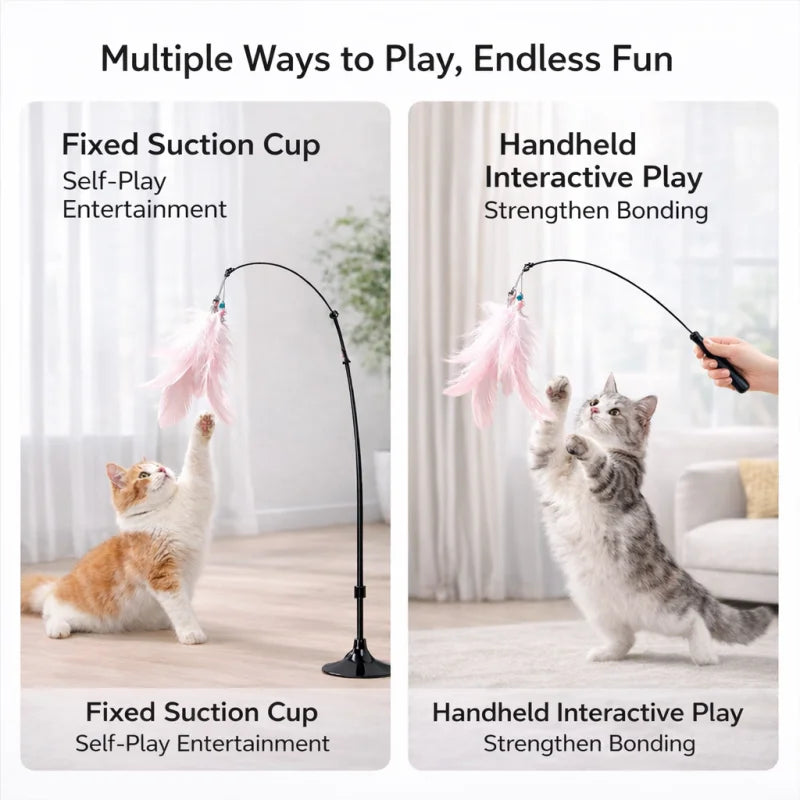 Strong Suction Cup Cat Teaser Toy, Heavy Duty Detachable Long Rod with Bell, Interactive Kitten Toy for Indoor Cats