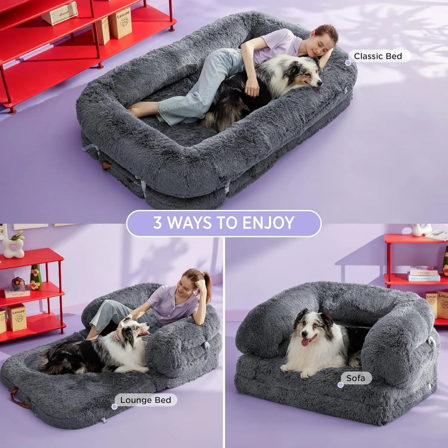 Foldable Human Dog Bed - 3-in-1 Orthopedic Giant Bean Bed with Waterproof Liner, Calming Faux Fur for Adults and Pets