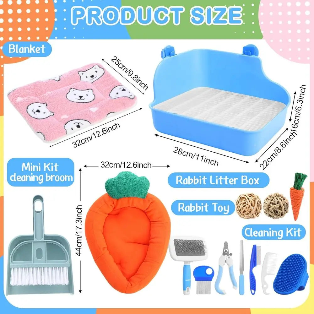 22 Pcs Rabbit Starter Kit with Cage, has Rabbit Grooming Kit, Bunny Cage Set with Bed, Litter Box, Water Bottle, Feeders, Toys