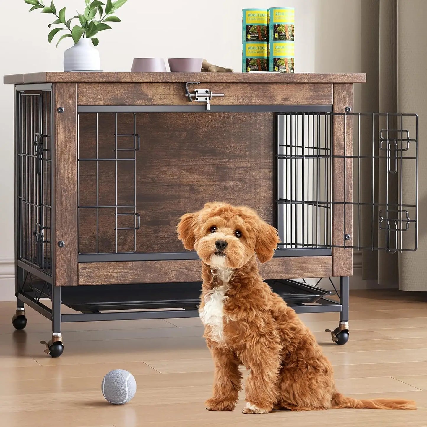 Rustic Dog Crate Furniture with Wheels, 26in Small Heavy Duty Metal and Wood Dog Kennel for Indoor, Anti-Chew Pet Cage & End Side Table