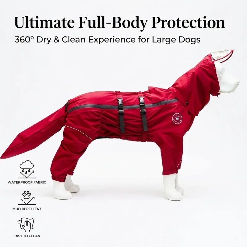 Waterproof Dog Raincoat Jumpsuit with Detachable Hood, Full Leg Coverage Rain Jacket for Large Dogs, Reflective Adjustable