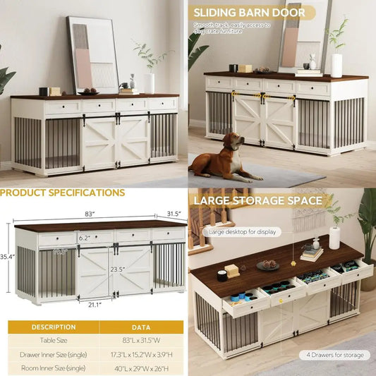 Indoor Wooden Dog Crate with 4 Drawers and Sliding Barn Doors for Small to Large Dogs - Stylish Kennel Furniture