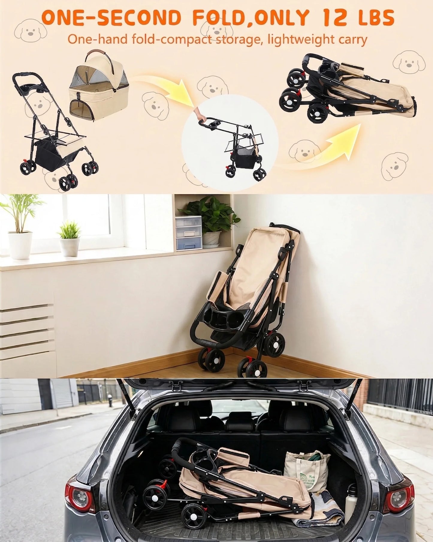 2-in-1 Pet Stroller for Small Dogs Cats Foldable Lightweight 4 Wheel Dog Stroller with Removable Carrier Travel Portable Pet Cart