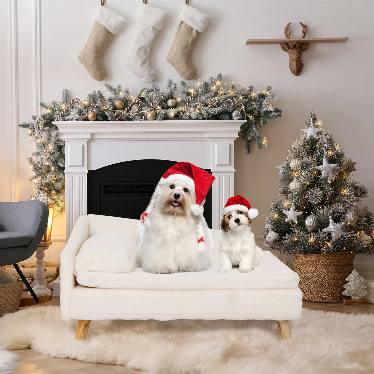 Elevated Pet Bed, Nordic Pet Stool Bed with Cozy Pad Waterproof, Pet Sofa Bed with Sturdy Wood Legs for Small Dog or Cat