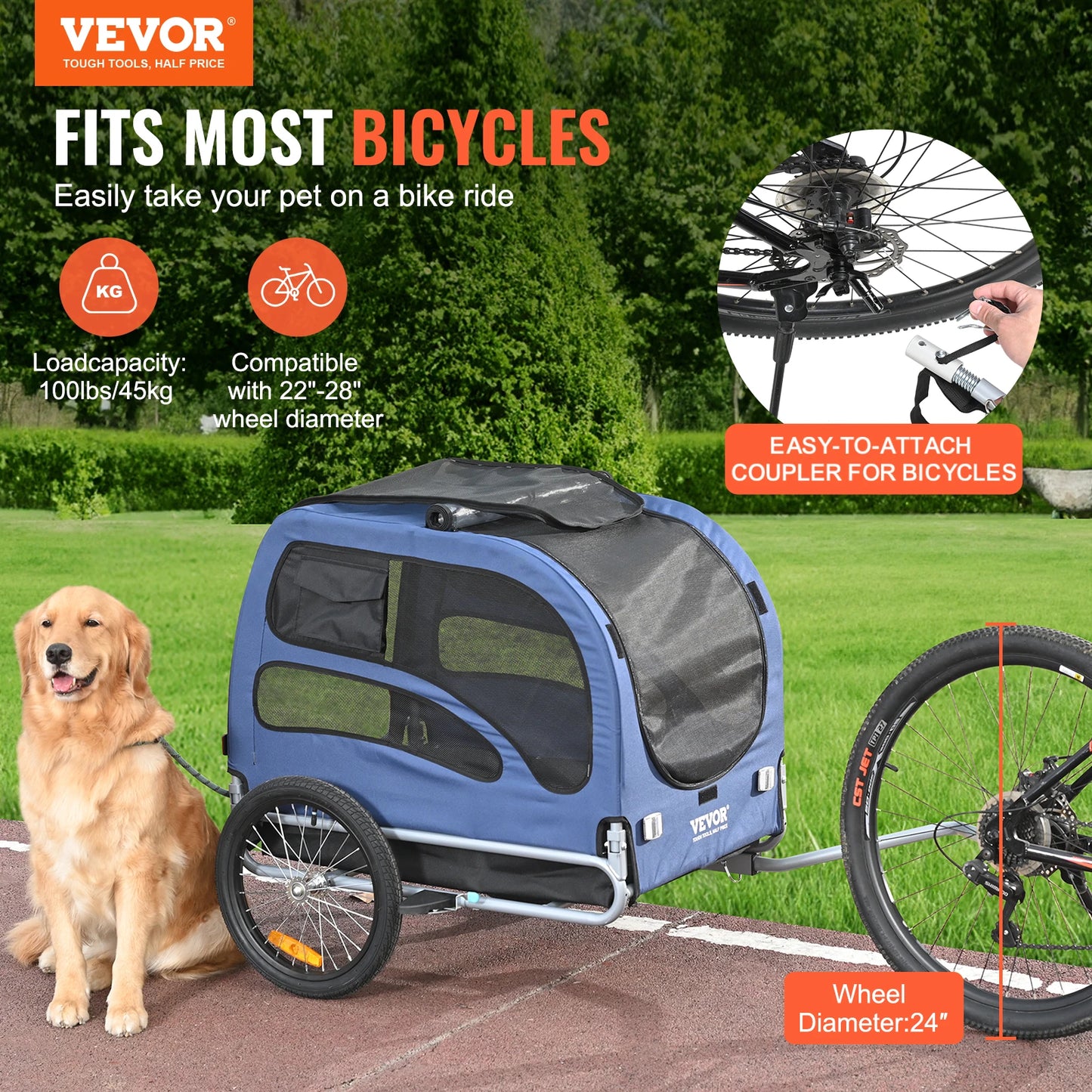 100lbs Pet Cart Bicycle Carrier Dog Bike Trailer with Coupler, Reflectors, Flag, and Collapsible