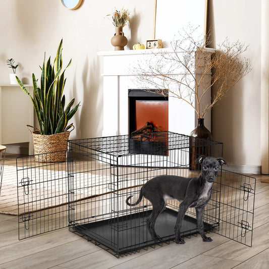 48 Inch Double Door Folding Metal Wire Dog Cage with Plastic Leak-Proof Pan Tray, Extra Large Pet Kennel for Outdoor Travel