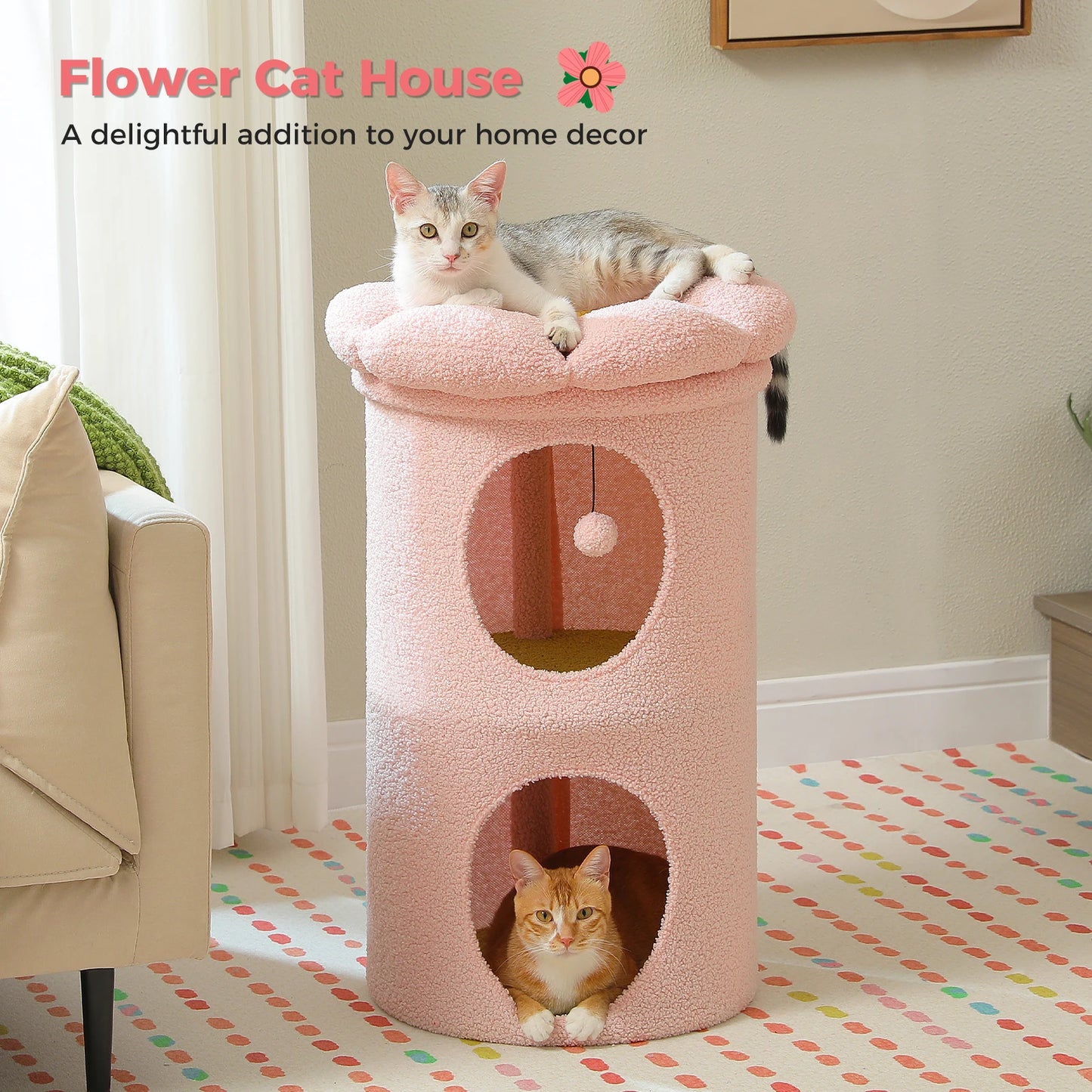 2-Storey Cat Beds for Indoor Cats, Large Cat House with Removable Flower Cat Bed, Cute Cat Cave, Cat Hideaway & Indoor Cat  Condo