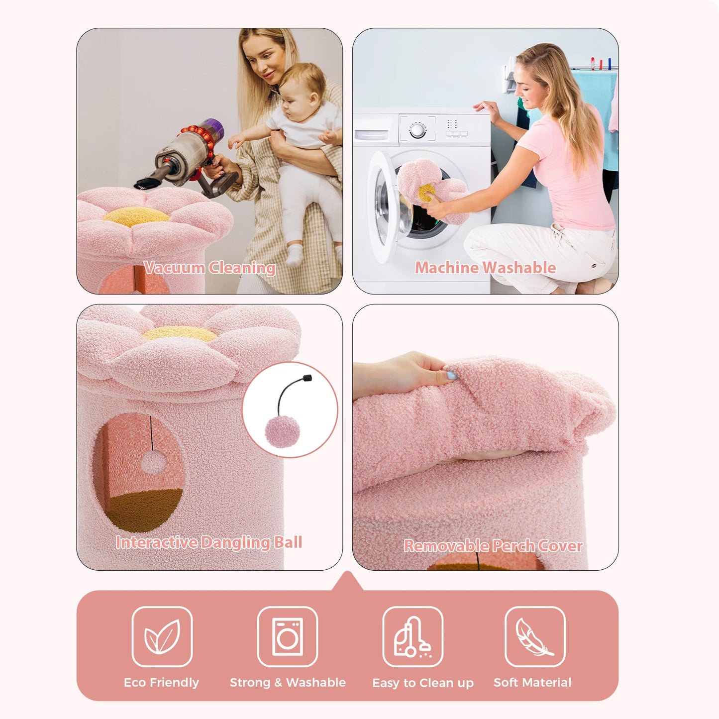 2-Storey Cat Beds for Indoor Cats, Large Cat House with Removable Flower Cat Bed, Cute Cat Cave, Cat Hideaway & Indoor Cat  Condo