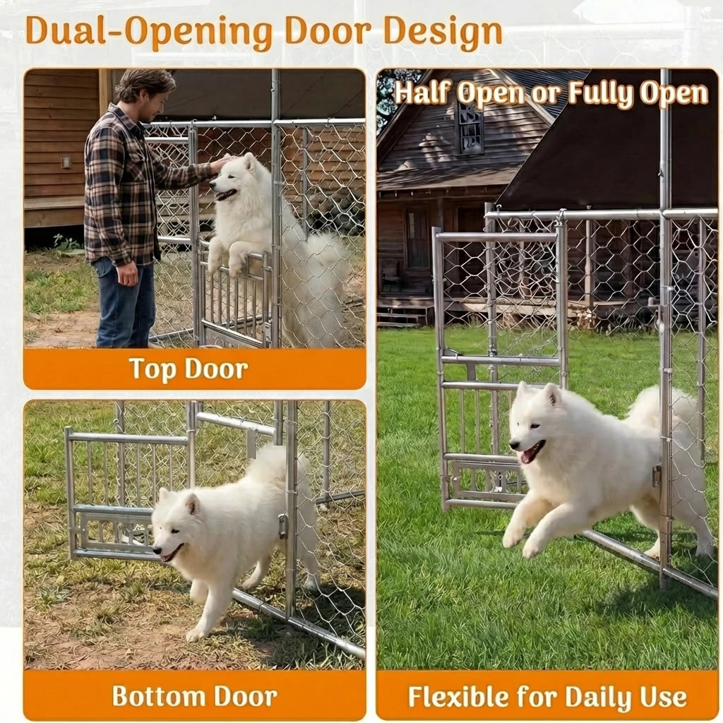 Dual-Opening Door Designed Heavy Duty Large Outdoor Dog Kennel with 200D Waterproof UV-Resistant Roof and 360° Rotate Dog Bowls