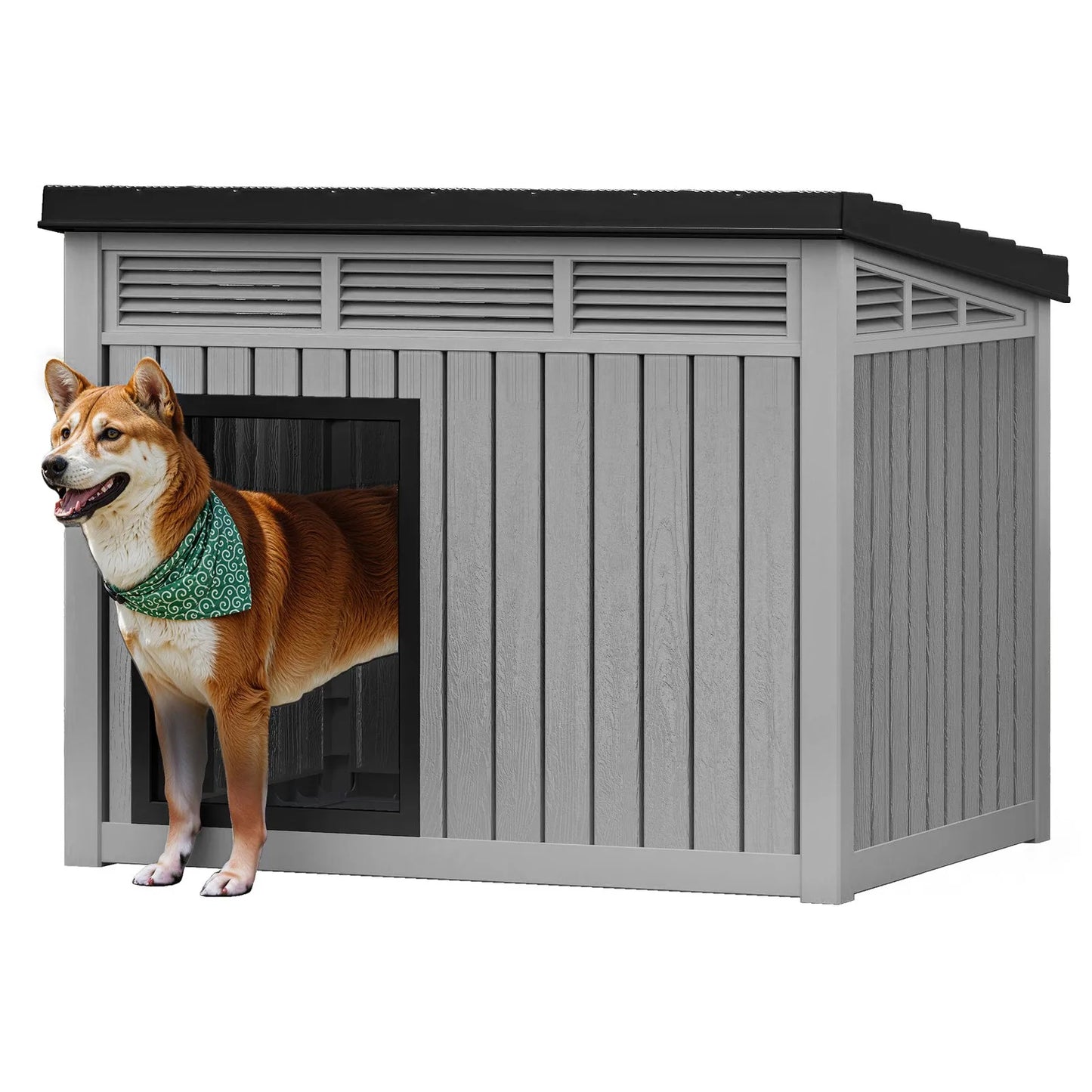 Gray Plastic Dog House with Liftable Roof, Outdoor Indoor Dog Kennel w/ Air Vents