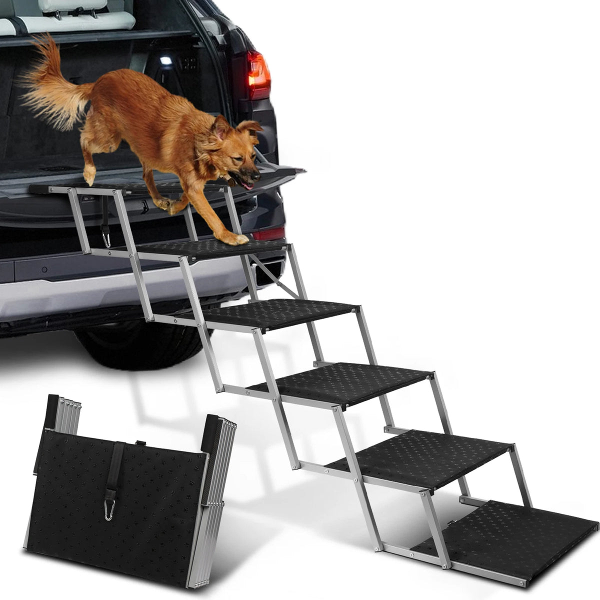 Adjustable Foldable Dog Stairs Set - Stainless Steel Pet Steps for Cars, Trucks & SUVs, Ideal for Medium & Large Breeds