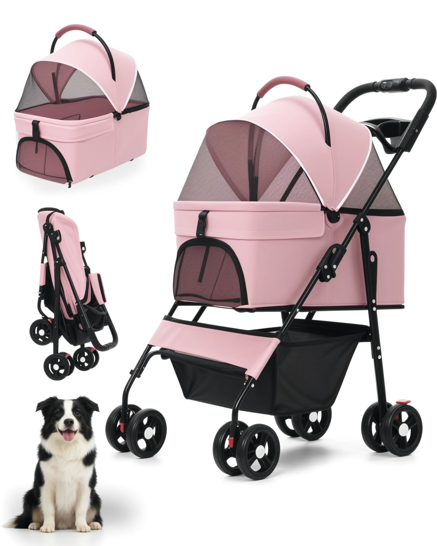 2-in-1 Pet Stroller for Small Dogs Cats Foldable Lightweight 4 Wheel Dog Stroller with Removable Carrier Travel Portable Pet Cart