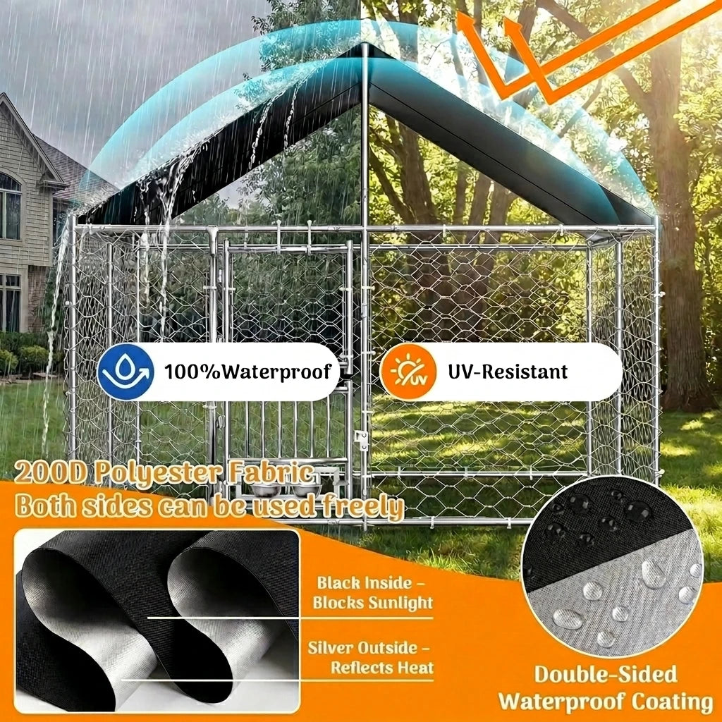 Dual-Opening Door Designed Heavy Duty Large Outdoor Dog Kennel with 200D Waterproof UV-Resistant Roof and 360° Rotate Dog Bowls